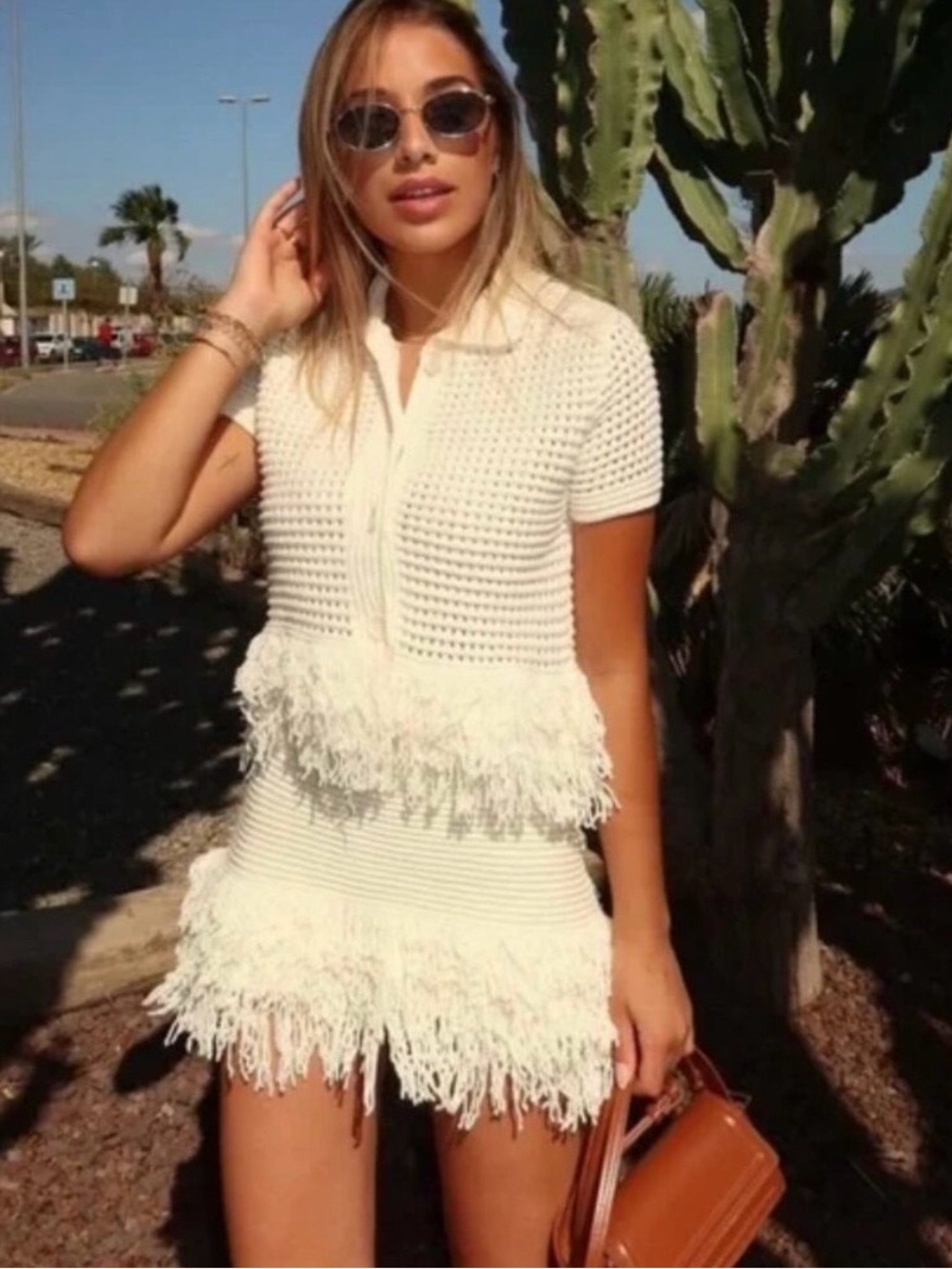 Zara Cream Crochet Fringe Short-Sleeve Top and matching Fringe Skirt